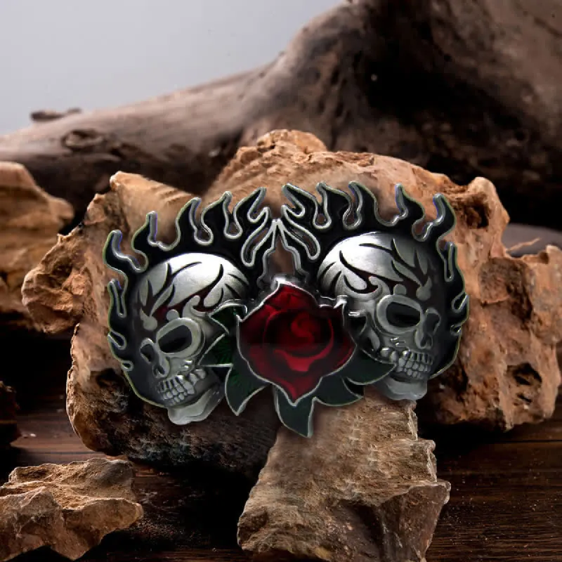 Men's DIY Double Skulls and Roses Buckle Leather Belt sold by FloralTrip