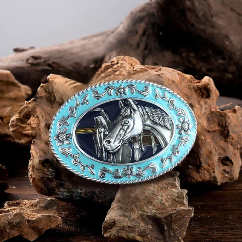 Men's DIY Horse Head Saddle Enameled Buckle Leather Belt sold by FloralTrip