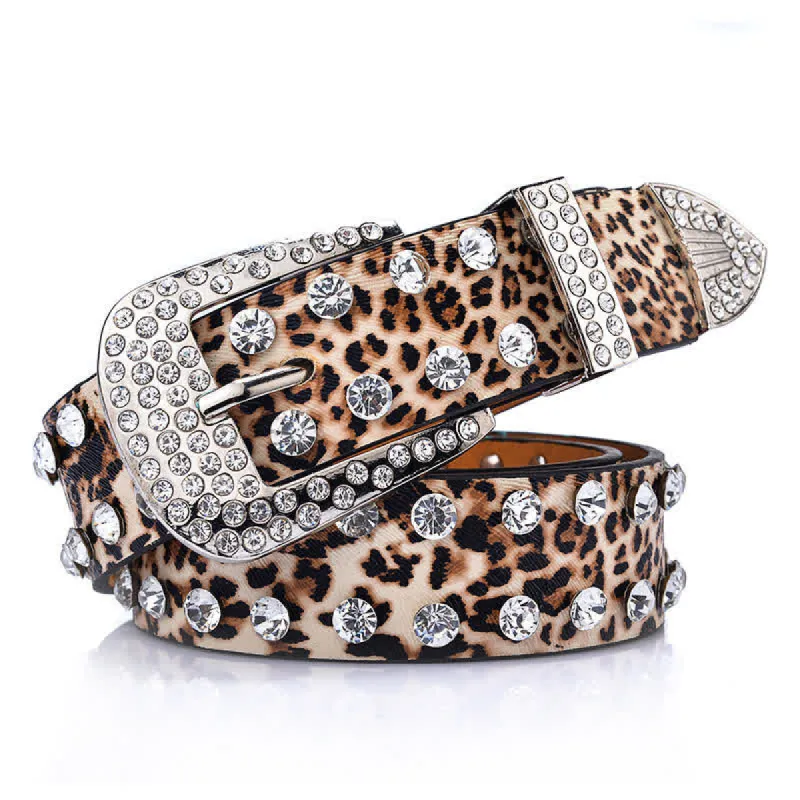 Women's Rhinestones Inlaid Leopard Print Leather Belt sold by FloralTrip