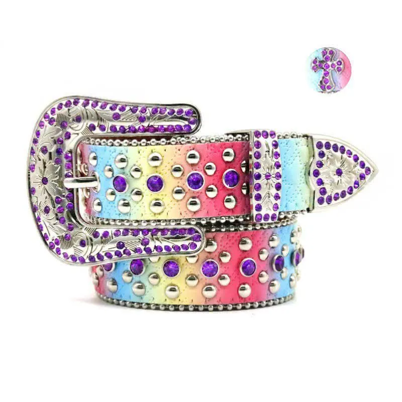 Women's Rainbow Rhinestone Riveted Leather Belt sold by FloralTrip