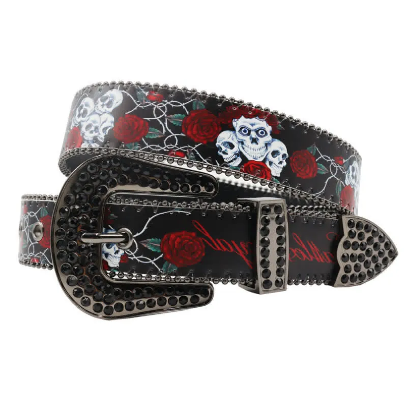 Gothic Rhinestones Skeleton Rose Printed Leather Belt sold by FloralTrip