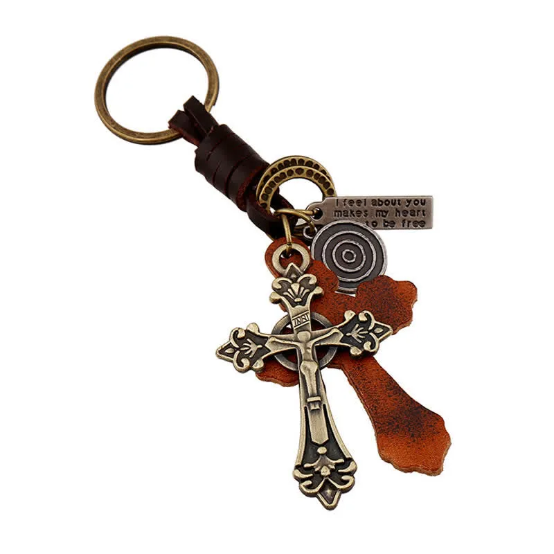Antique Bronze Cross Pendant Leather Keychain sold by FloralTrip