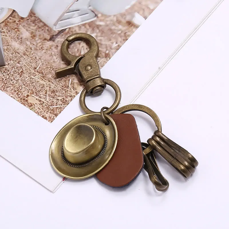Retro Ancient Bronze Cowboy Hat Leather Keychain sold by FloralTrip product image thumbnail 4