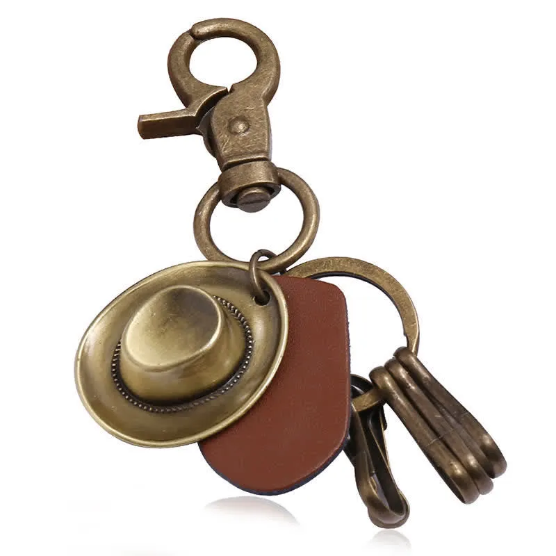 Retro Ancient Bronze Cowboy Hat Leather Keychain sold by FloralTrip