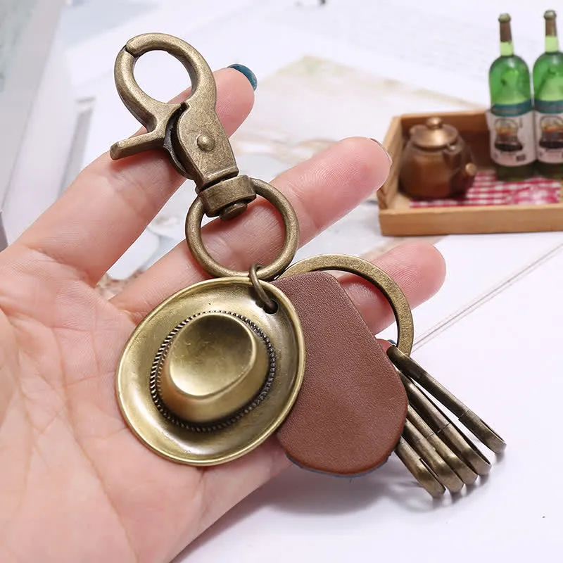 Retro Ancient Bronze Cowboy Hat Leather Keychain sold by FloralTrip product image thumbnail 3