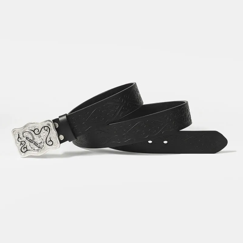 Western Silver Carving Flower Buckle Leather Belt sold by FloralTrip