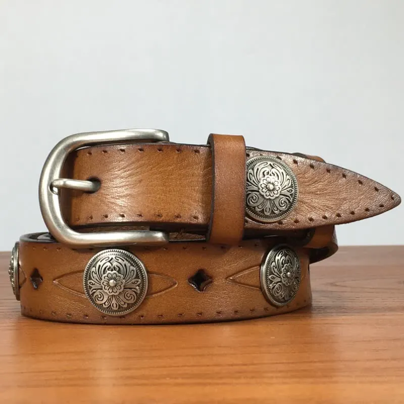 Vintage Round Carving Flower Rivet Leather Belt sold by FloralTrip