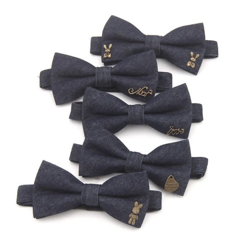 Men's Dark Navy Blue Metallic Decors Denim Cotton Bow Tie sold by FloralTrip