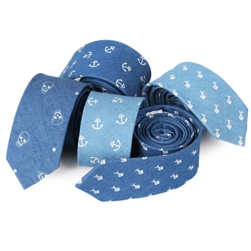 Men's British Style Blue Fish Bone Skull Print Cotton Necktie sold by FloralTrip