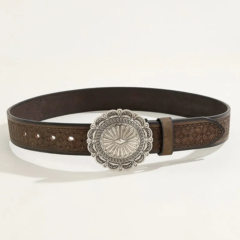 Western Carving Concho Buckle Embossed Leather Belt sold by FloralTrip product image thumbnail 3