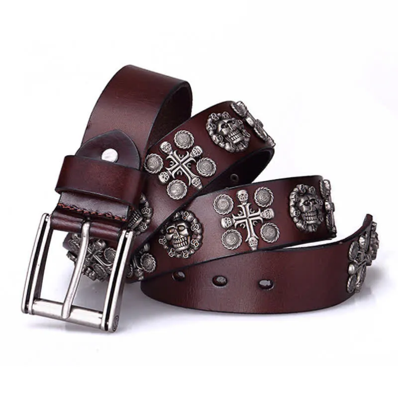Heavy Metal Rivet Skull Cross Pattern Leather Belt sold by FloralTrip
