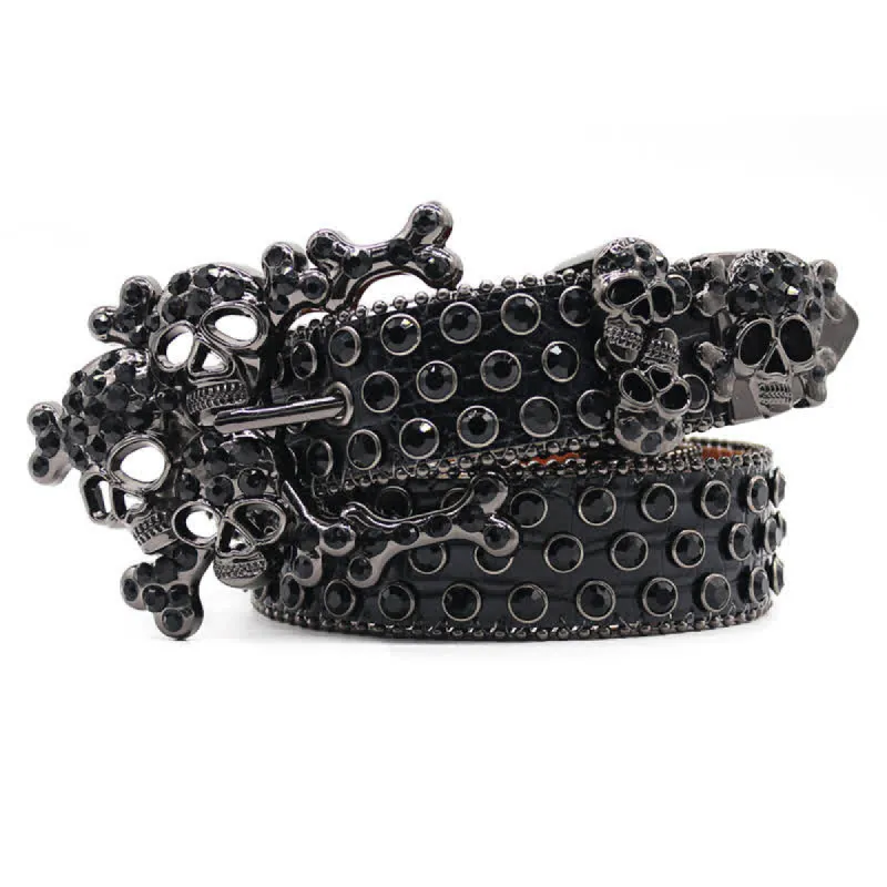 Black Skull Shape Buckle Rhinestone Studded Leather Belt sold by FloralTrip