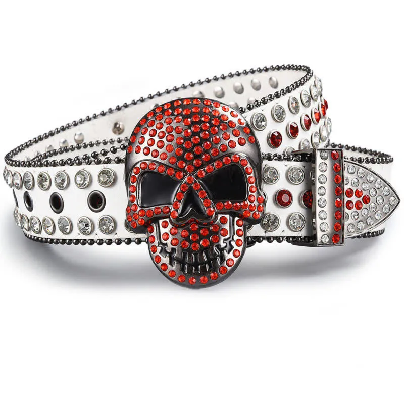Punk Death Ghost Rhinestone Beaded Leather Belt sold by FloralTrip