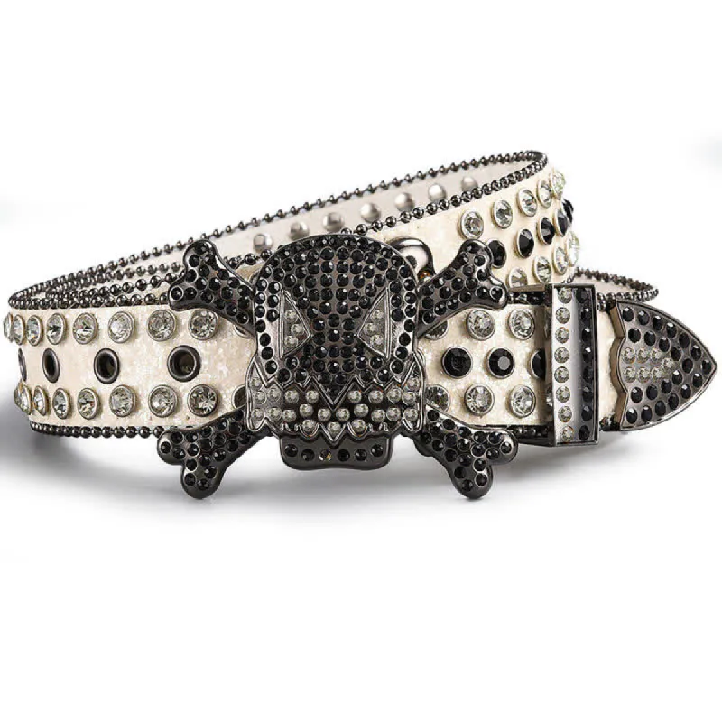 Skull Head Crystal Rhinestone Studded Leather Belt sold by FloralTrip