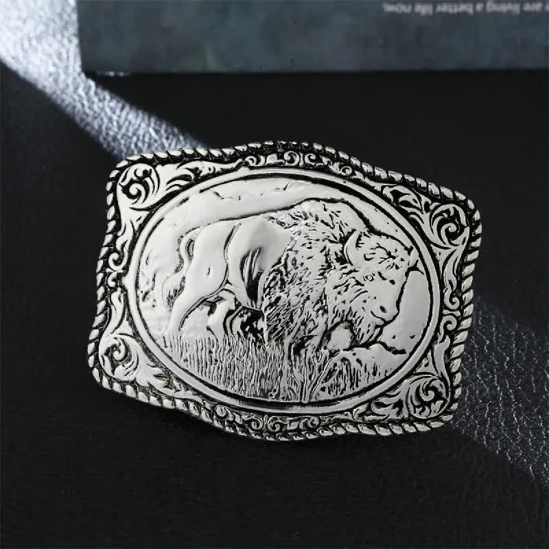 Men's DIY Silver Engraved Buffalo Buckle Leather Belt sold by FloralTrip