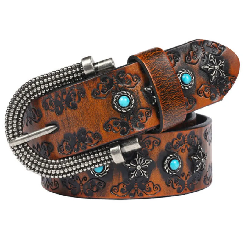 Men's Rivet Butterfly Carving Turquoise Inlay Leather Belt sold by FloralTrip