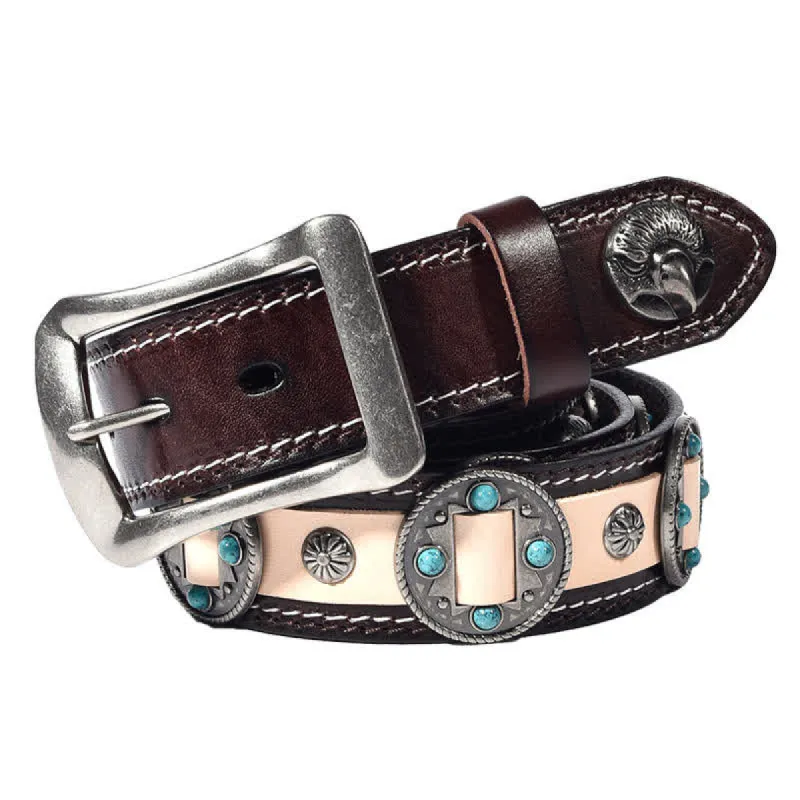 Men's Turquoise Inlay Floral Studded Leather Belt sold by FloralTrip