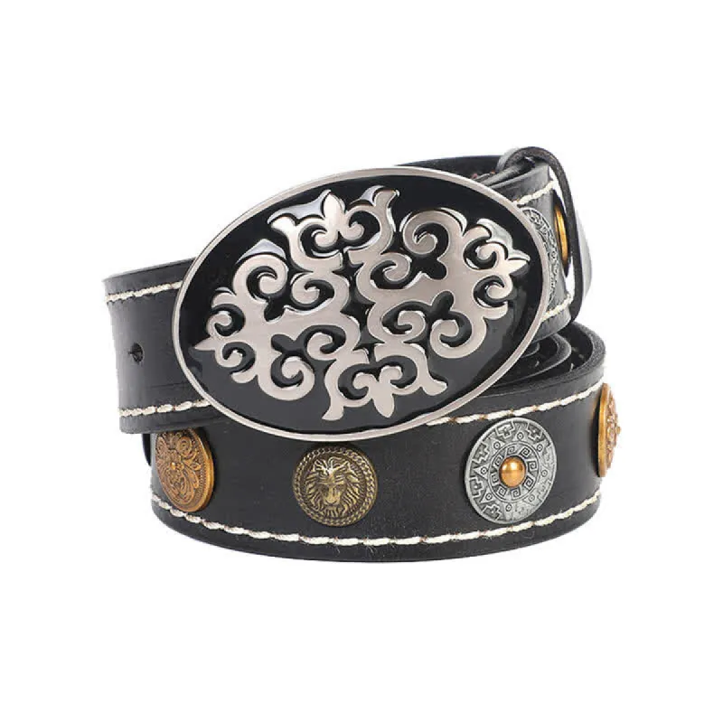 Men's Ethnic Carved Flower & Lion Head Rivet Leather Belt sold by FloralTrip