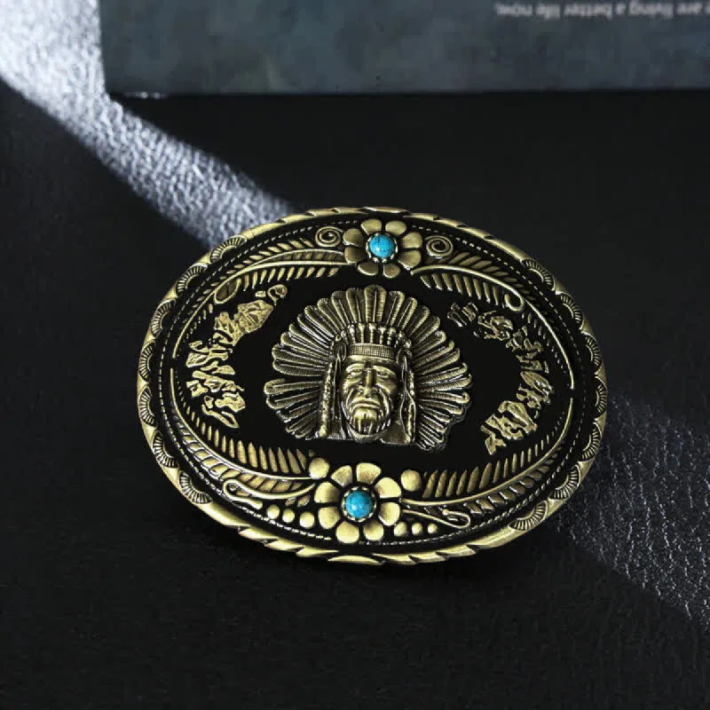 Men's DIY Indian Chief Turquoise Buckle Leather Belt sold by FloralTrip