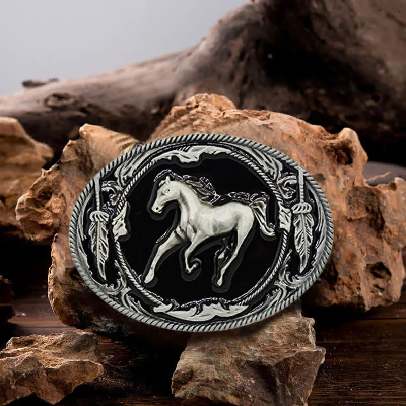 Men's DIY Silver Black Running Horse Buckle Leather Belt sold by FloralTrip