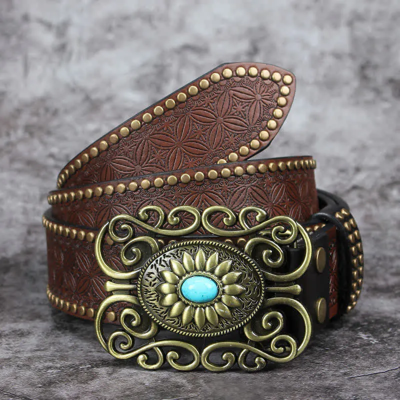 Men's Hollow Out Buckle Turquoise Inlaid Leather Belt sold by FloralTrip