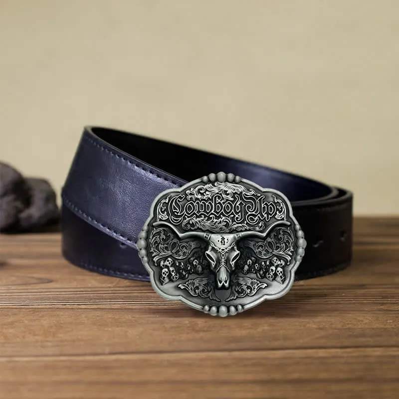 Men's DIY Cowboy Gothic Skull Bull Buckle Leather Belt sold by FloralTrip product image thumbnail 4