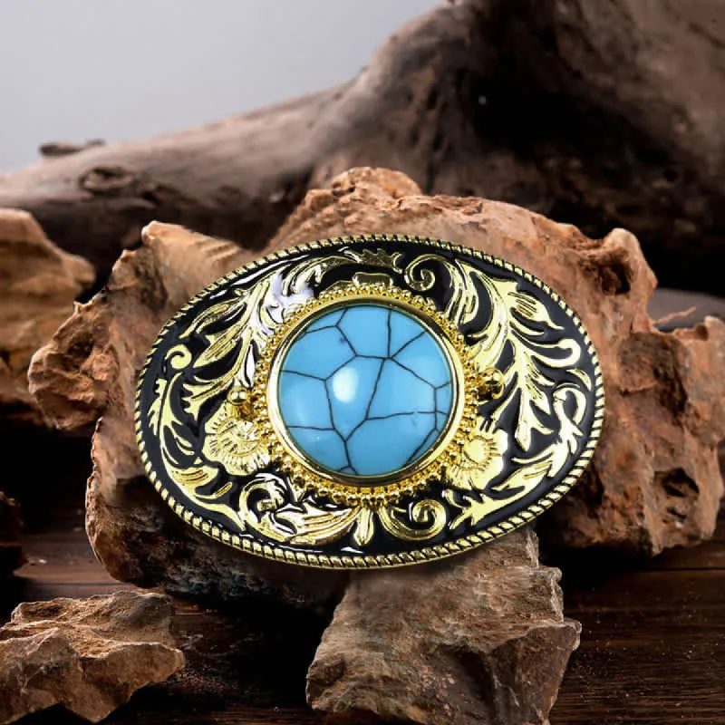 Men's DIY Gold Tone Faux Turquoise Ruby Buckle Leather Belt sold by FloralTrip