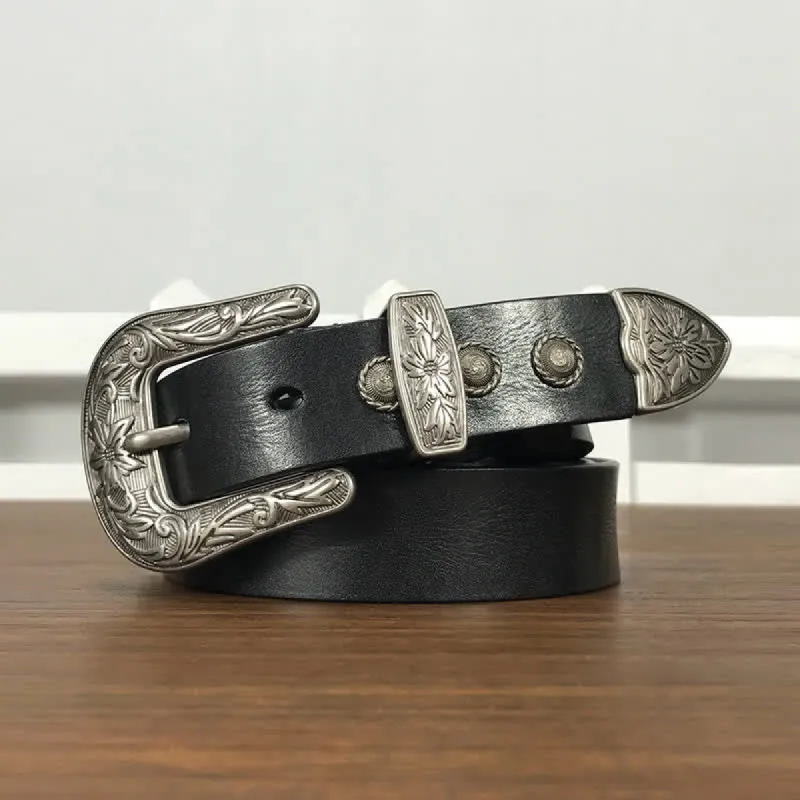 Vintage Carved Flower Buckle Rivet Studded Leather Belt sold by FloralTrip