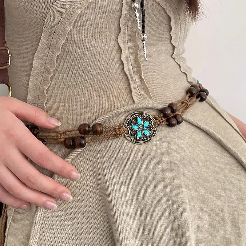 Women's Gemstone Wood Beads Boho Braided Waist Rope Belt sold by FloralTrip