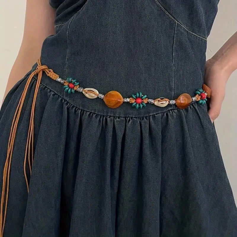 Women's Beaded Flower Shell Boho Braided Waist Rope Belt sold by FloralTrip