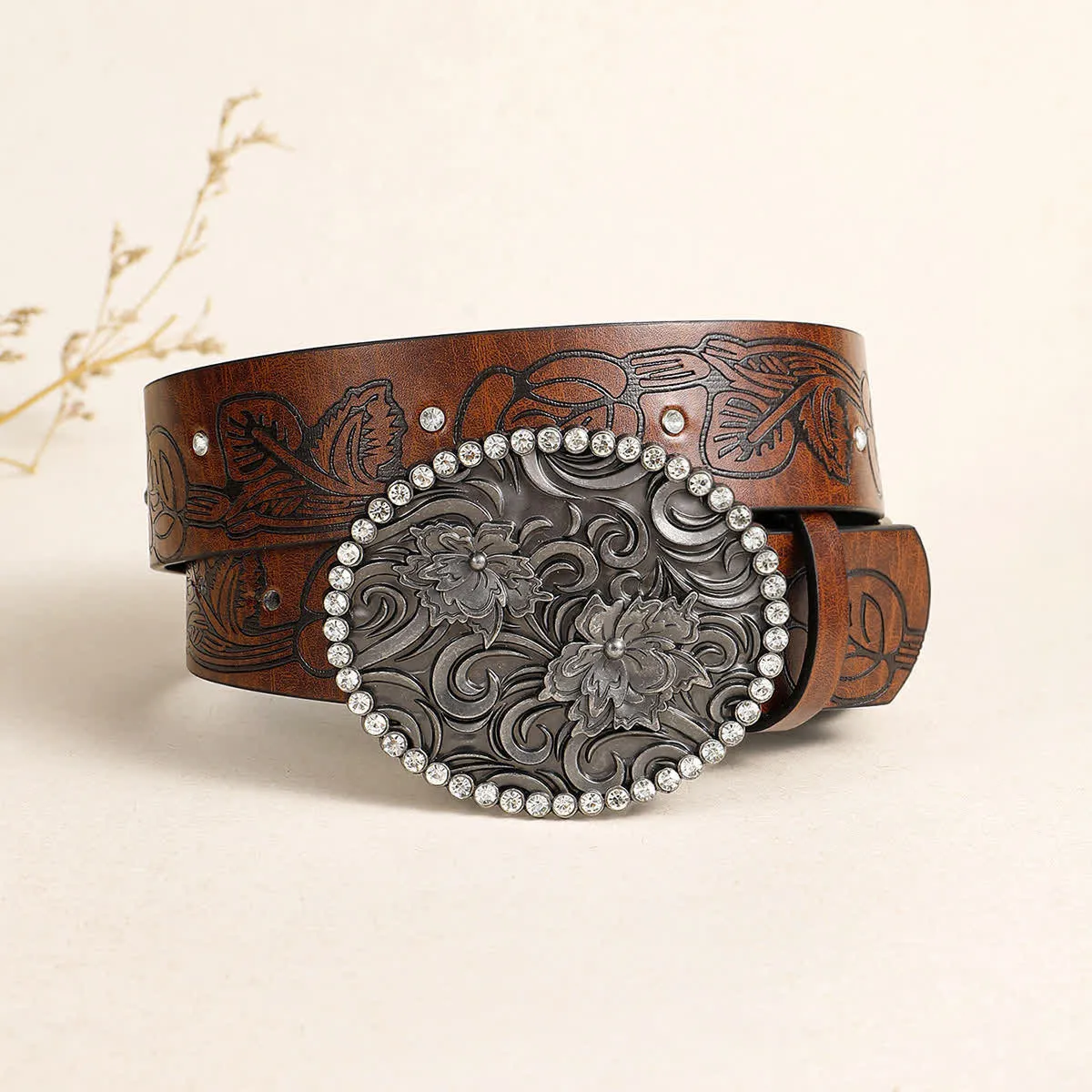 Women's Carved Flower Rhinestone Inlaid Buckle Leather Belt sold by FloralTrip product image thumbnail 3