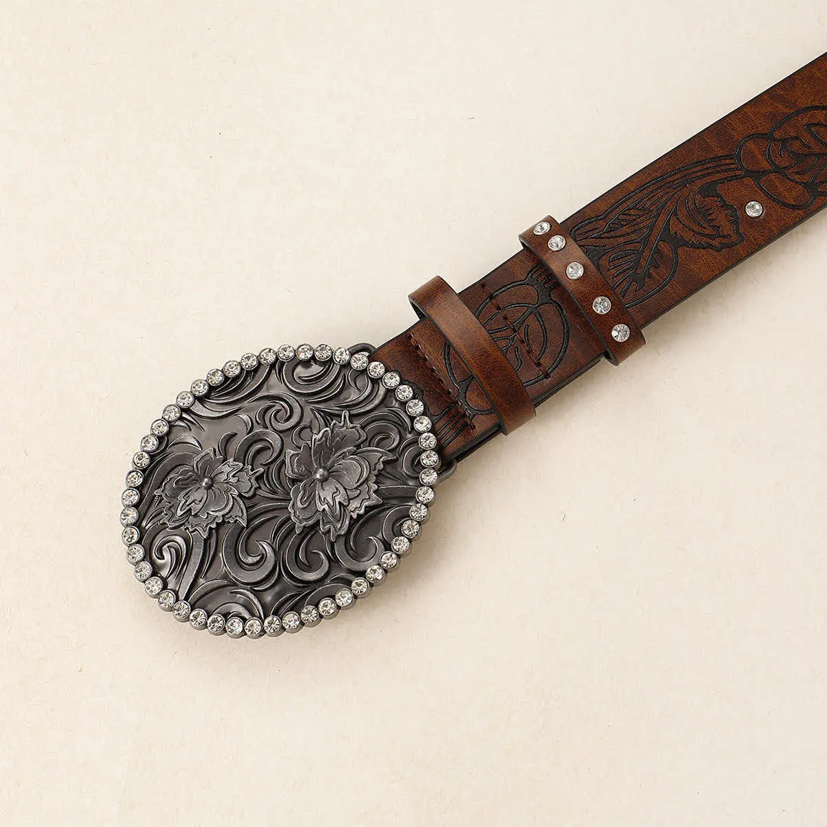 Women's Carved Flower Rhinestone Inlaid Buckle Leather Belt sold by FloralTrip product image thumbnail 4
