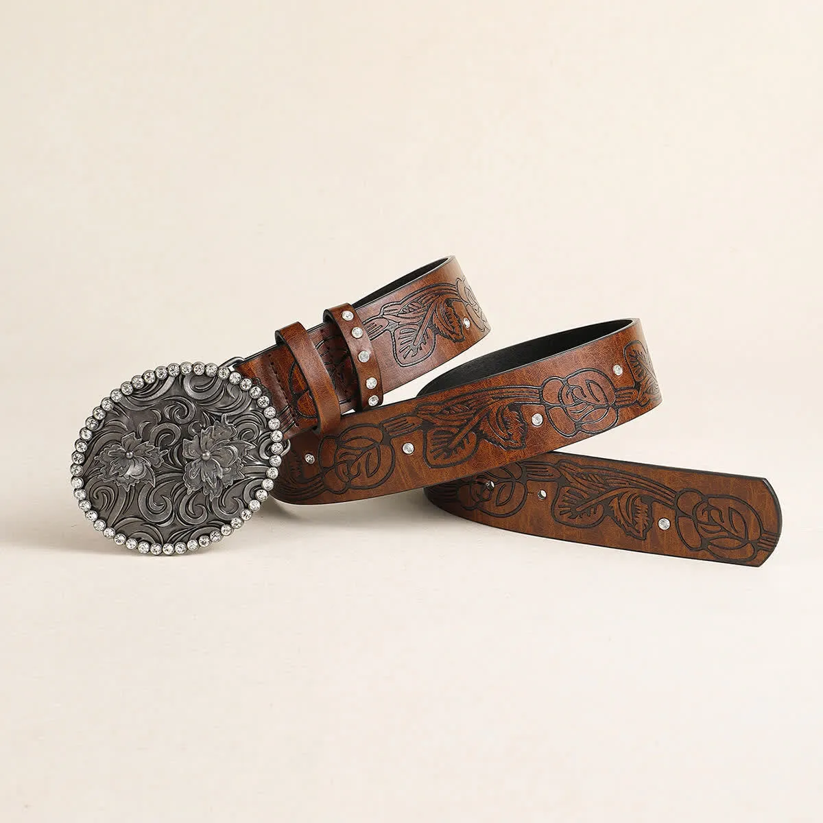Women's Carved Flower Rhinestone Inlaid Buckle Leather Belt sold by FloralTrip