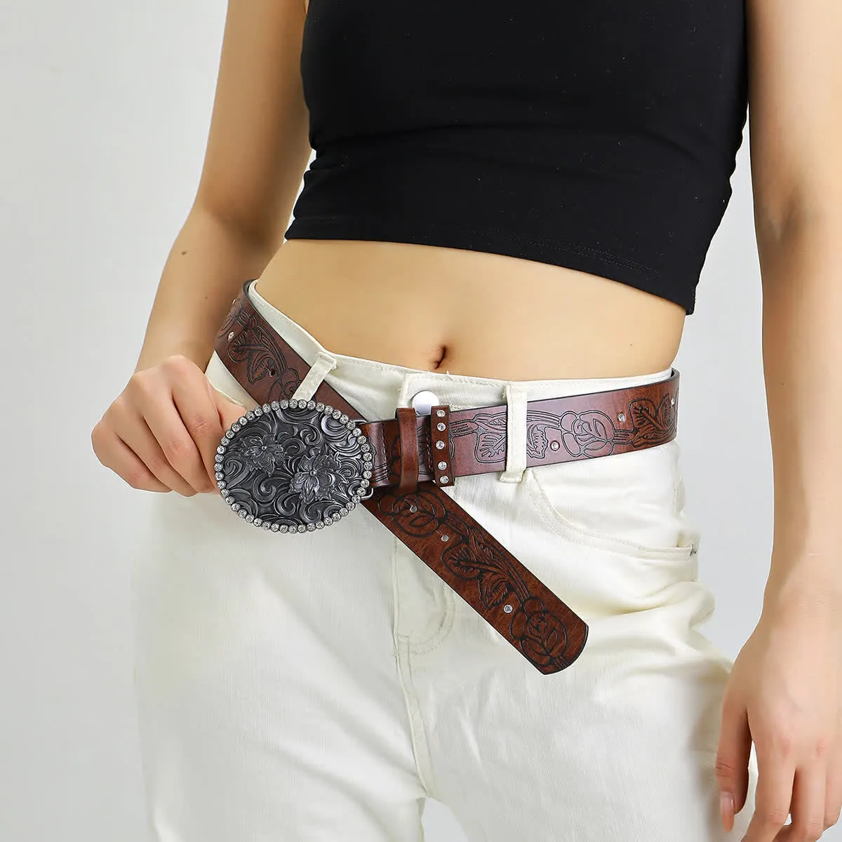Women's Carved Flower Rhinestone Inlaid Buckle Leather Belt sold by FloralTrip product image thumbnail 2
