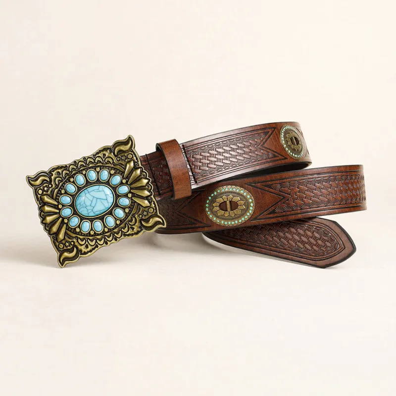 Women's Retro Western Square Turquoise Buckle Leather Belt sold by FloralTrip