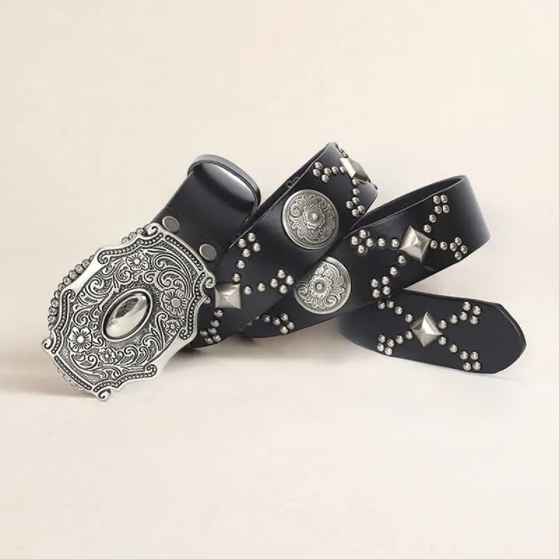 Men's Punk Floral Buckle Rivet Studded Leather Belt sold by FloralTrip