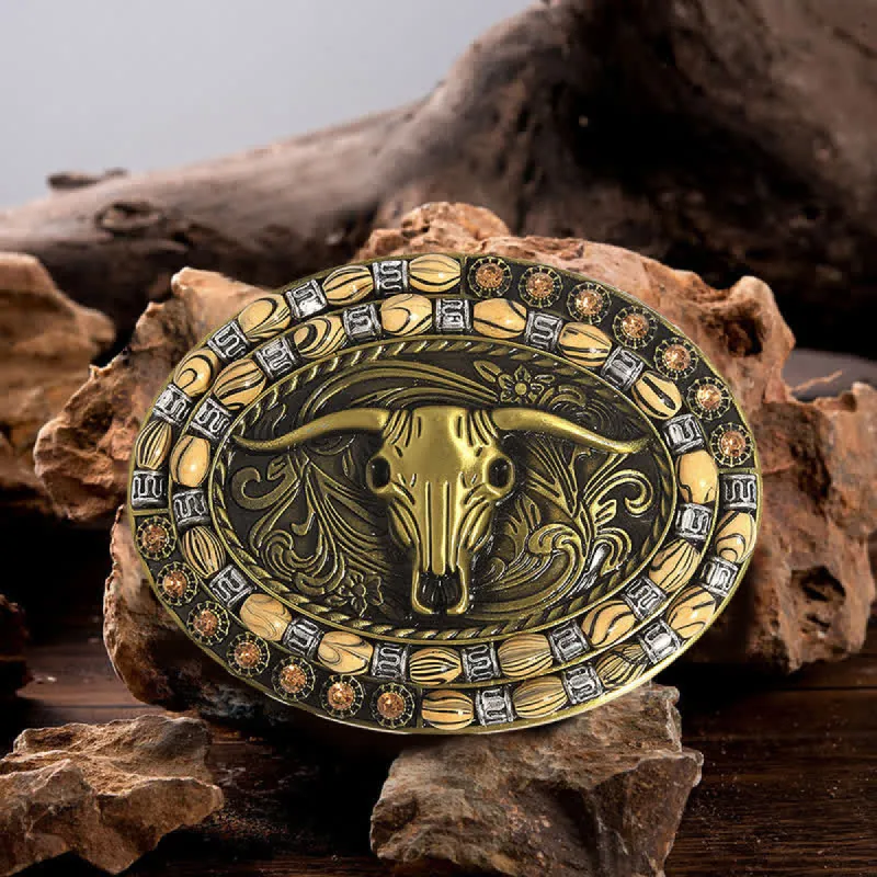Men's DIY Gold Bull Head Beads Decor Buckle Leather Belt sold by FloralTrip