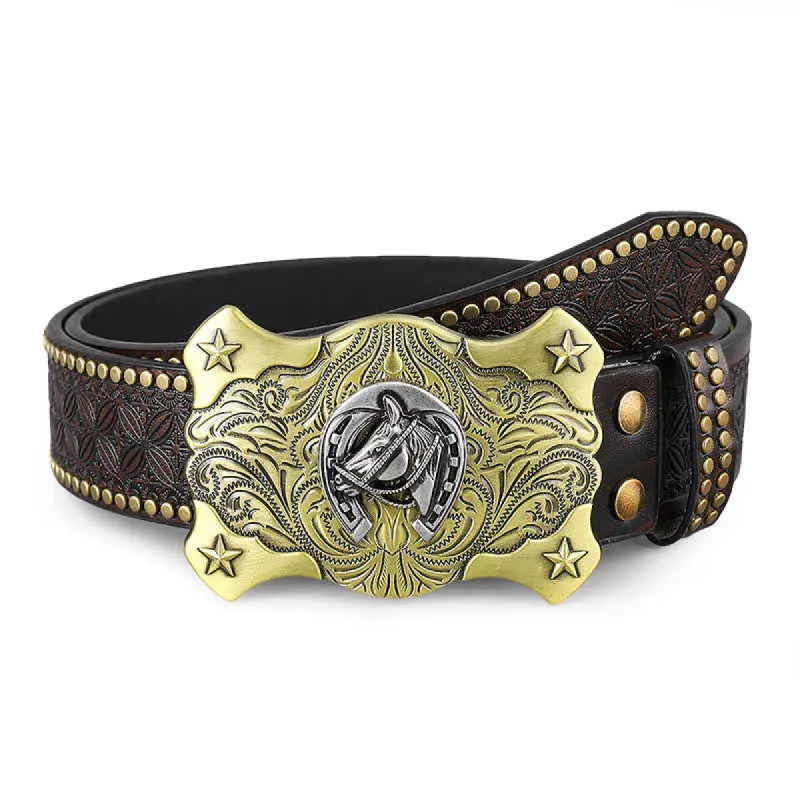 Men's Western Horse Relief Rivet Studded Leather Belt sold by FloralTrip