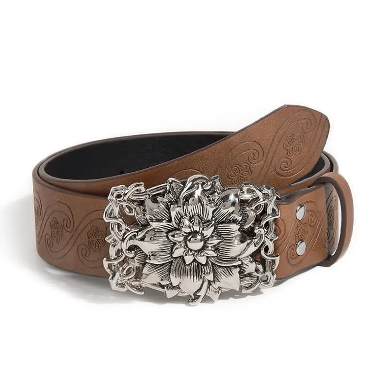 Women's Camel Tone Floral Buckle Leather Belt sold by FloralTrip