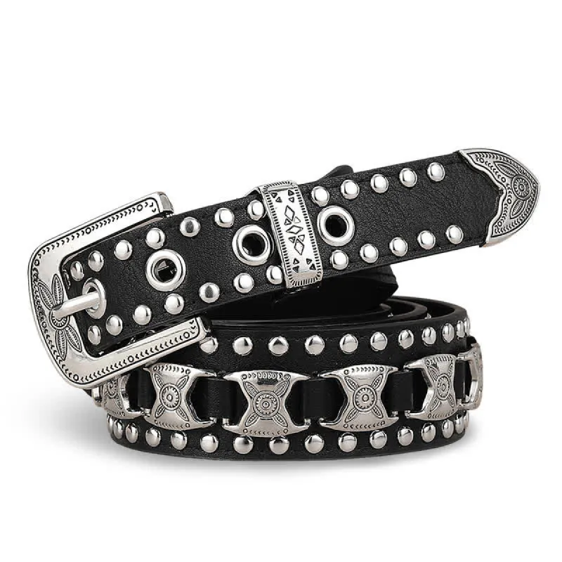 Western Concho Rivet Carved Buckle Leather Belt sold by FloralTrip