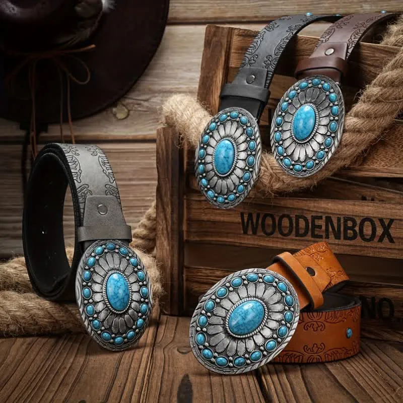 Men's Western Oval Turquoise Buckle Leather Belt sold by FloralTrip