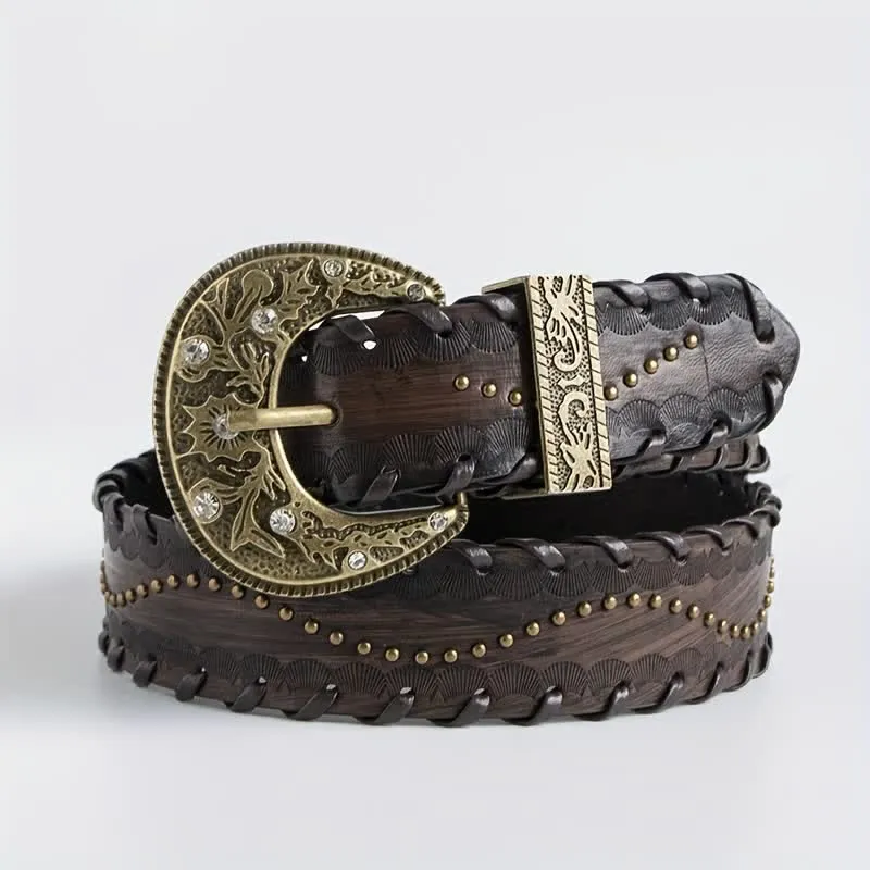 Women's Retro Rhinestone Rivet Embossed Leather Belt sold by FloralTrip product image thumbnail 2