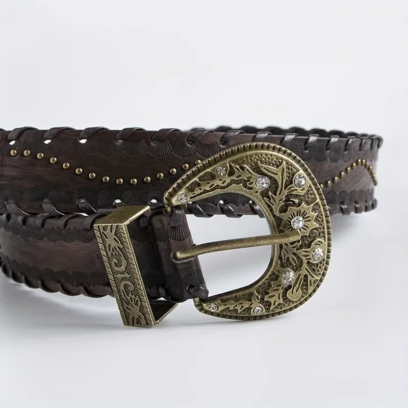 Women's Retro Rhinestone Rivet Embossed Leather Belt sold by FloralTrip product image thumbnail 4