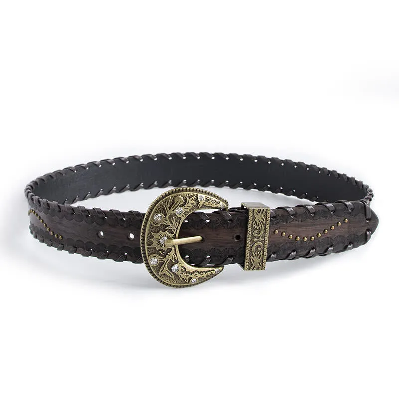 Women's Retro Rhinestone Rivet Embossed Leather Belt sold by FloralTrip