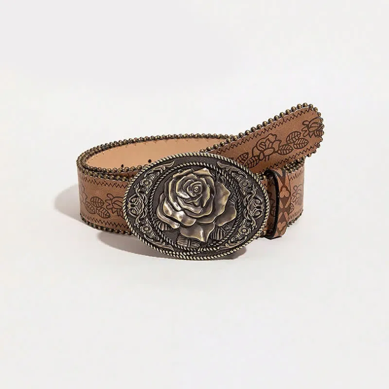 Western Style Rose Shaped Buckle Printed Leather Belt sold by FloralTrip
