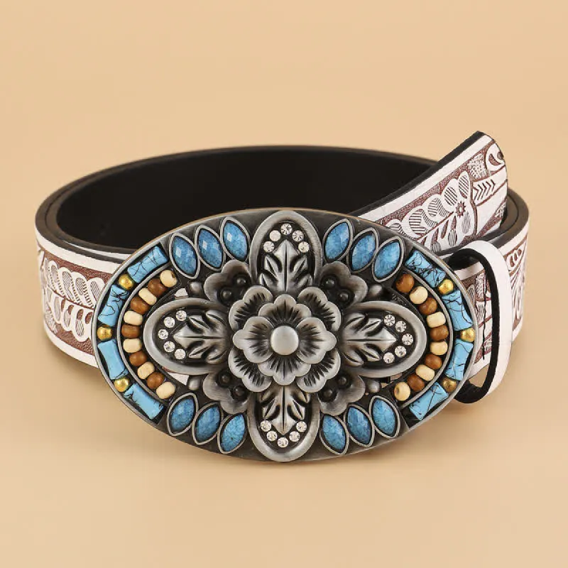 Women's Turquoise Stone Boho Floral Leather Belt sold by FloralTrip