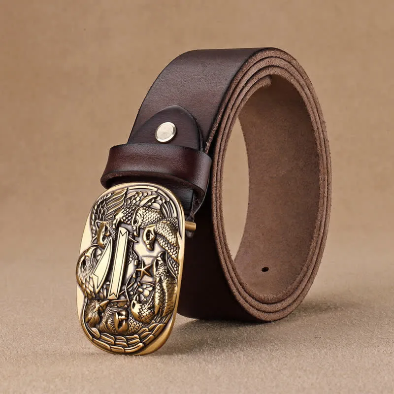 Men's Carved Flock of Eagles Head Buckle Leather Belt sold by FloralTrip