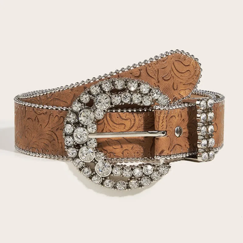 Women's Round Rhinestone Buckle Bead Edge Leather Belt sold by FloralTrip