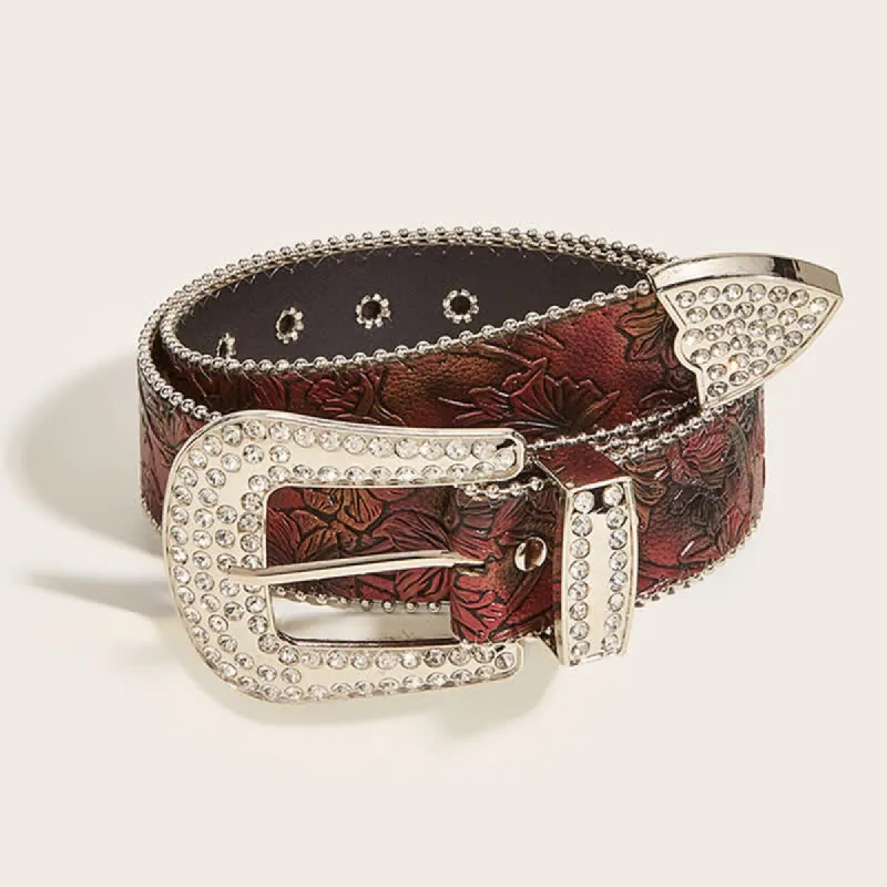 Women's Brown Floral Embossed Rhinestone Leather Belt sold by FloralTrip