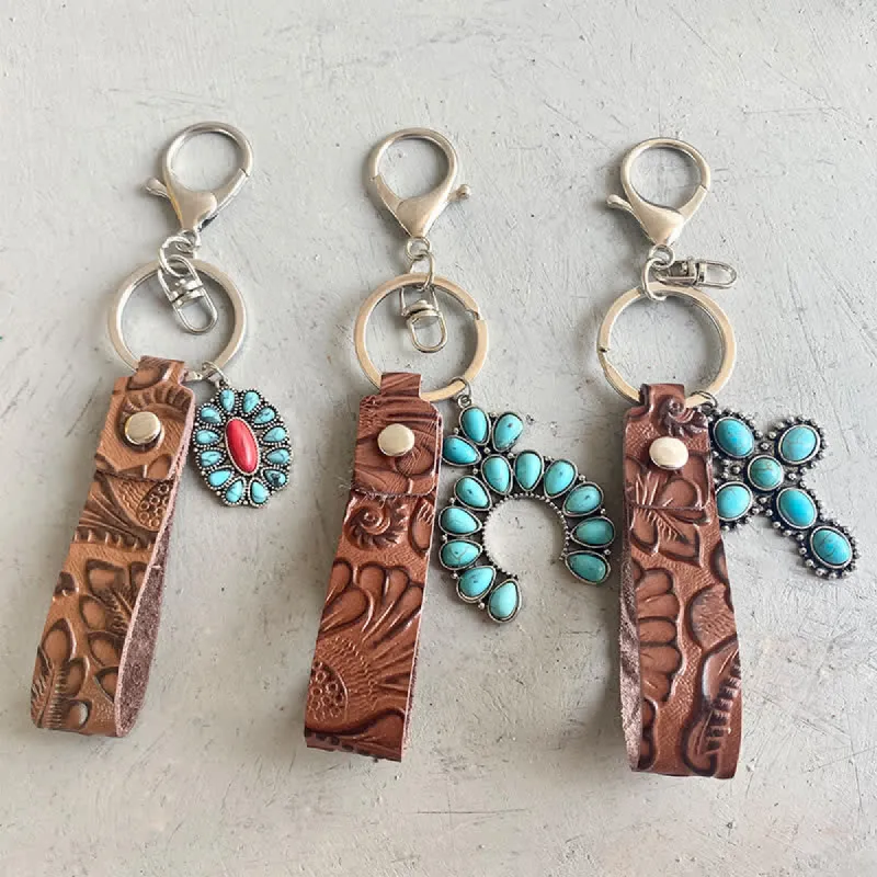 Bohemia Emboss Turquoise Pendant Leather Keychain sold by FloralTrip
